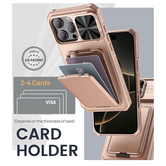 IPHONE 16 PRO CASE in Rose Gold with Kickstand, card holder, and camera cover - Picture 2 of 12